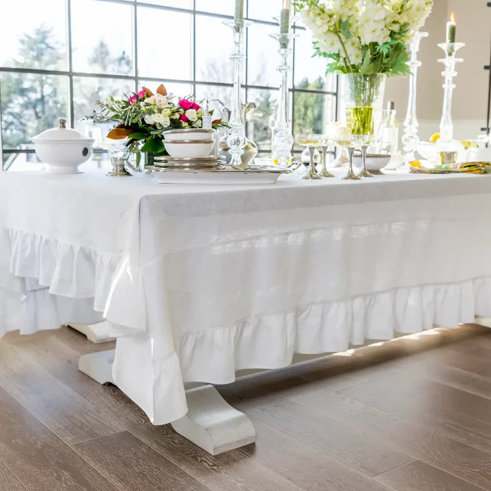 Arte Italica Crown Linen Rectangular Linen Tablecloth with Ruffle